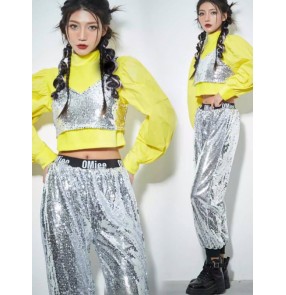 Street jazz dance Hiphop dance costumes for women young girls gogo dancers silver sequin yellow color hip-hop dance wear for female